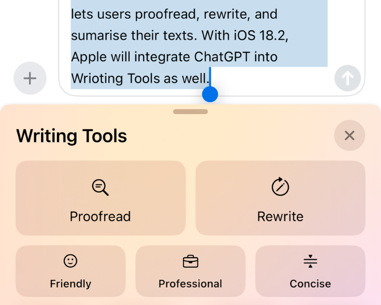 Screengrab of the Writing Tools menu on iOS 18.1.