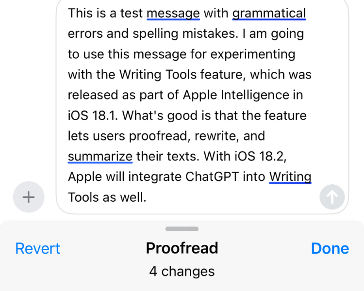 Screenshot of the Writing Tools feature in action on iOS 18.1.