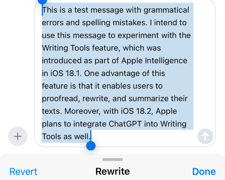 Screenshot of the rewritten text using Writing Tools.