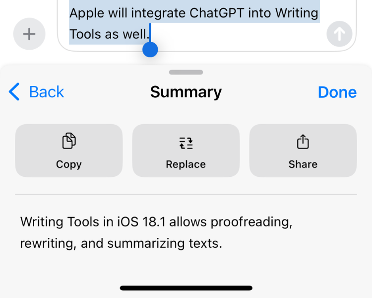 Screenshot of the Writing Tools feature showcasing the Summary option.