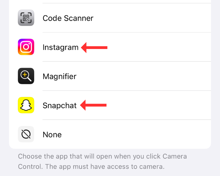 Screenshot of the Camera Control settings menu with arrows next to the third-party camera apps.