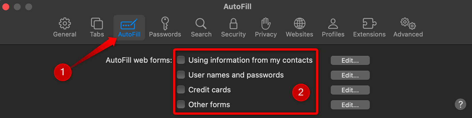 Disabling autofill permissions in Safari settings.