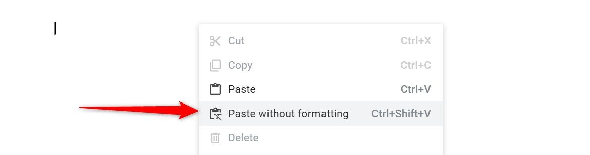 Pasting a text without formatting in Google Docs.