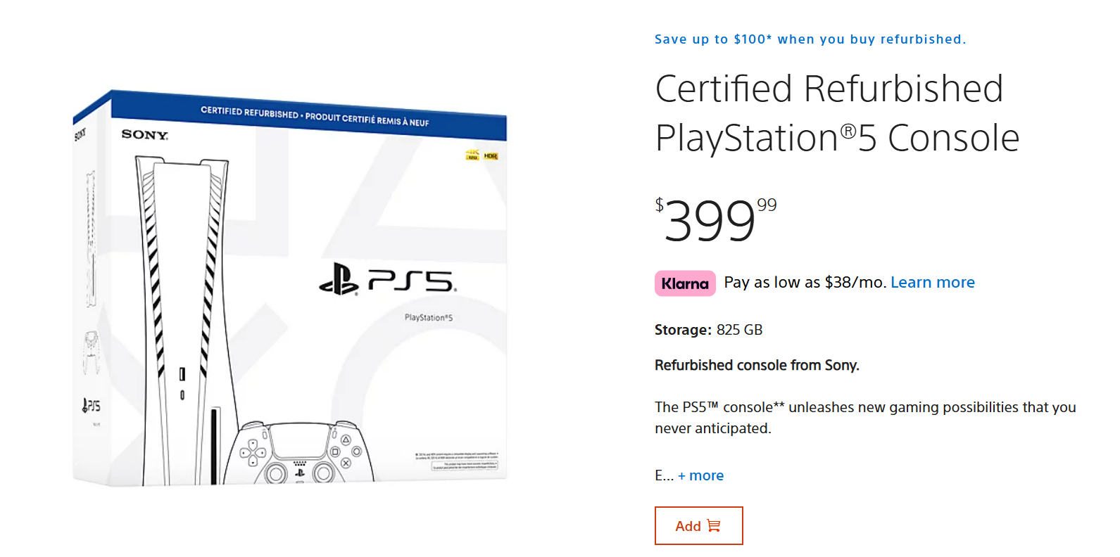 A sales page for a certified refurbished PlayStation 5.