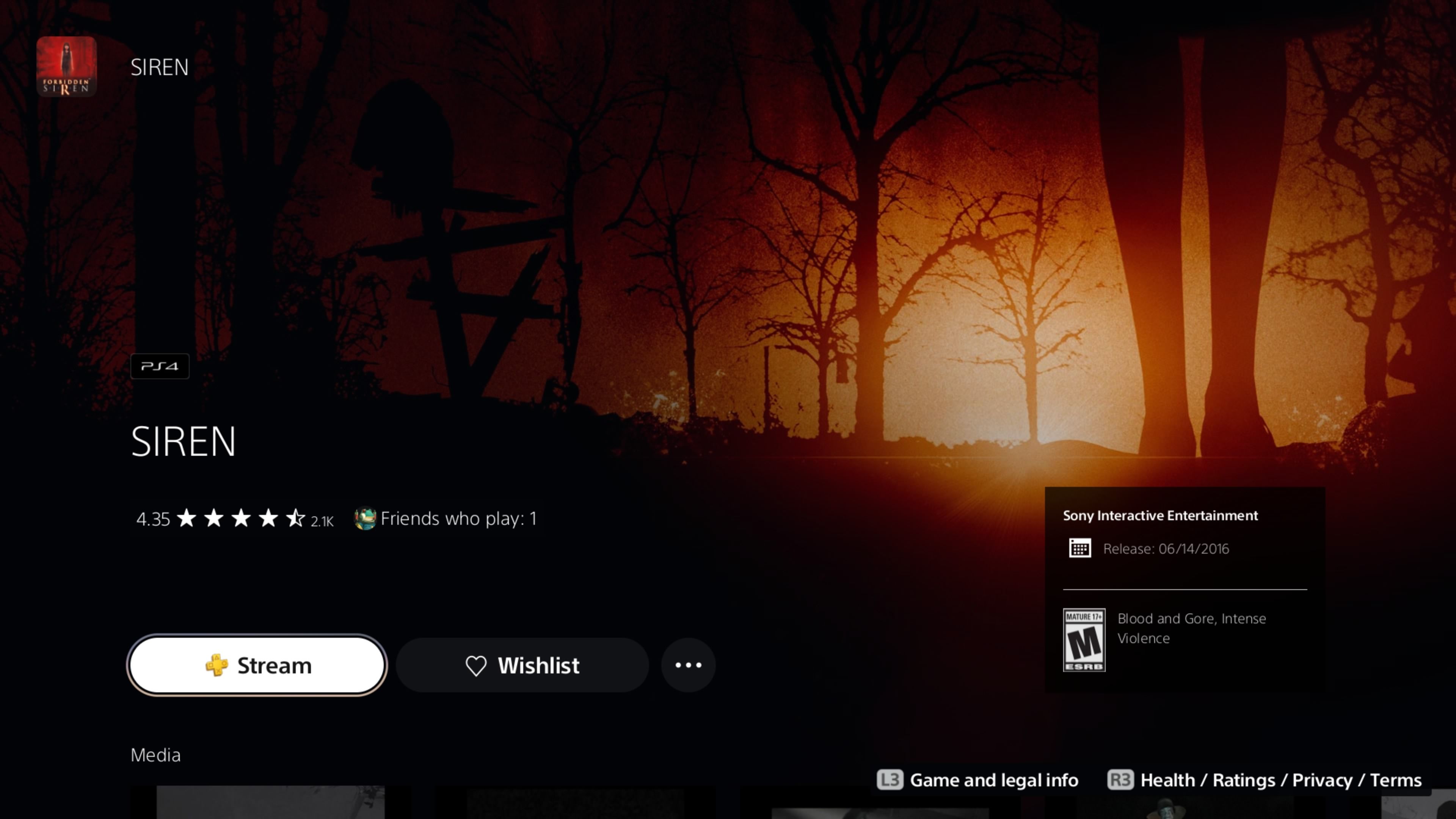 The store page for Siren on the PS5, where the first game appears correctly.