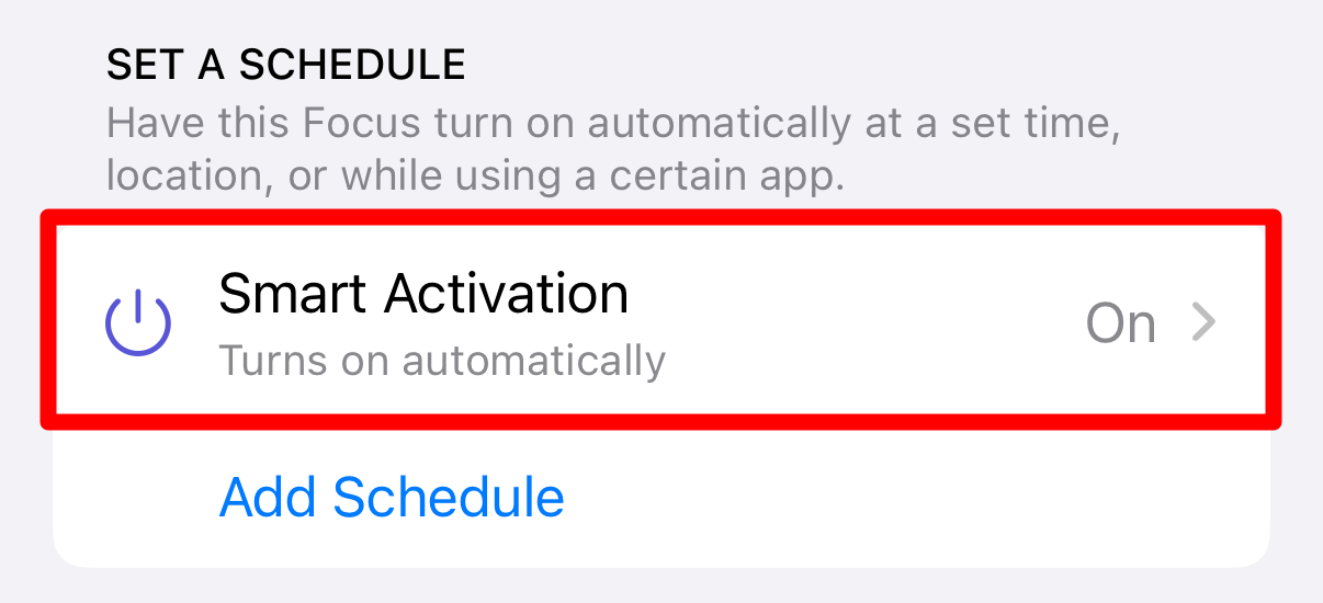 Smart Activation option in iPhone Focus settings.