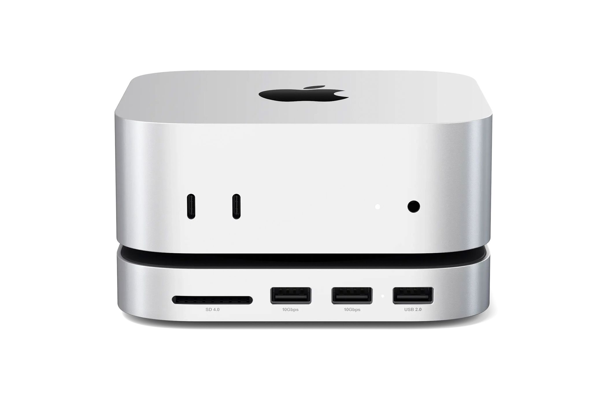 A render of the Satechi M4 Mac Mini Stand & Hub attached to a Mac Mini.