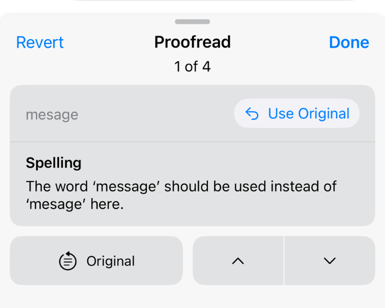 Screenshot of the Proofread feature of Writing Tools, showcasing the Revert and Done options.