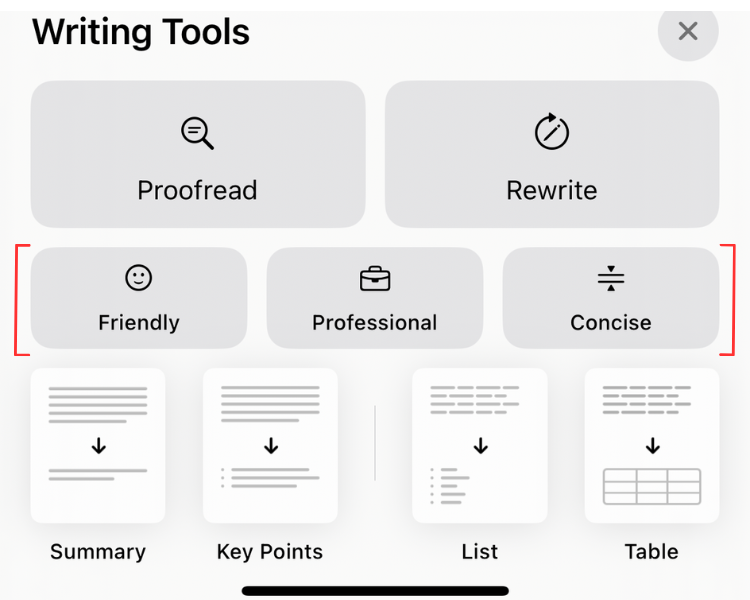 Screenshot of the Writing Tools highlighting the different tones available for the rewrite option.