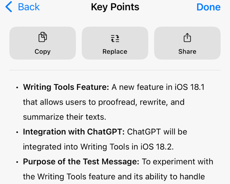 Screenshot of the Key Points Summary option in Writing Tools.