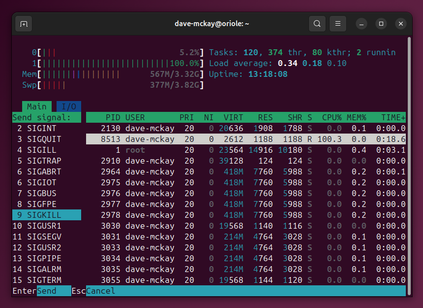 The htop program running in a terminal window with the signal menu displayed, and the highlight on the SIGKILL option.