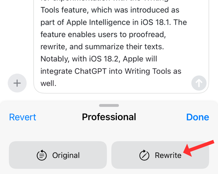 Screenshot of the Writing Tools Rewrite feature in action, with an arrow next to the Rewrite button.