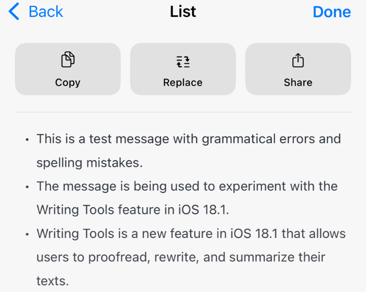 Screenshot of the Writing Tools option showcasing the summary in the form of a List.