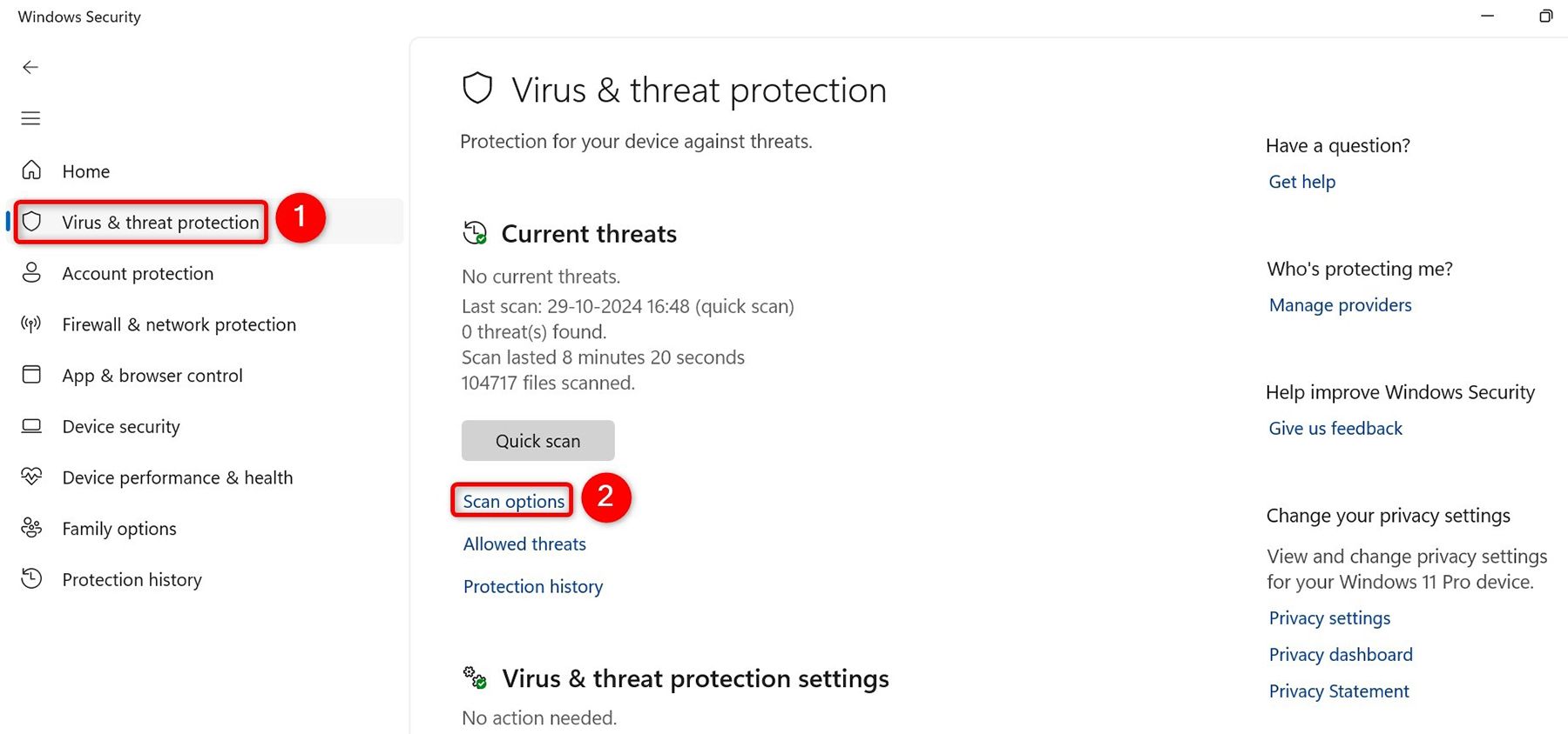 "Virus & Threat Protections" and "Scan Options" highlighted.