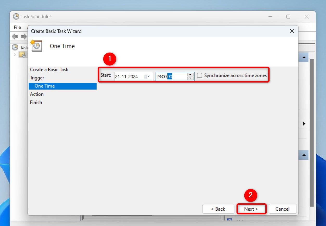 Task start time and date and "Next" highlighted for the task.