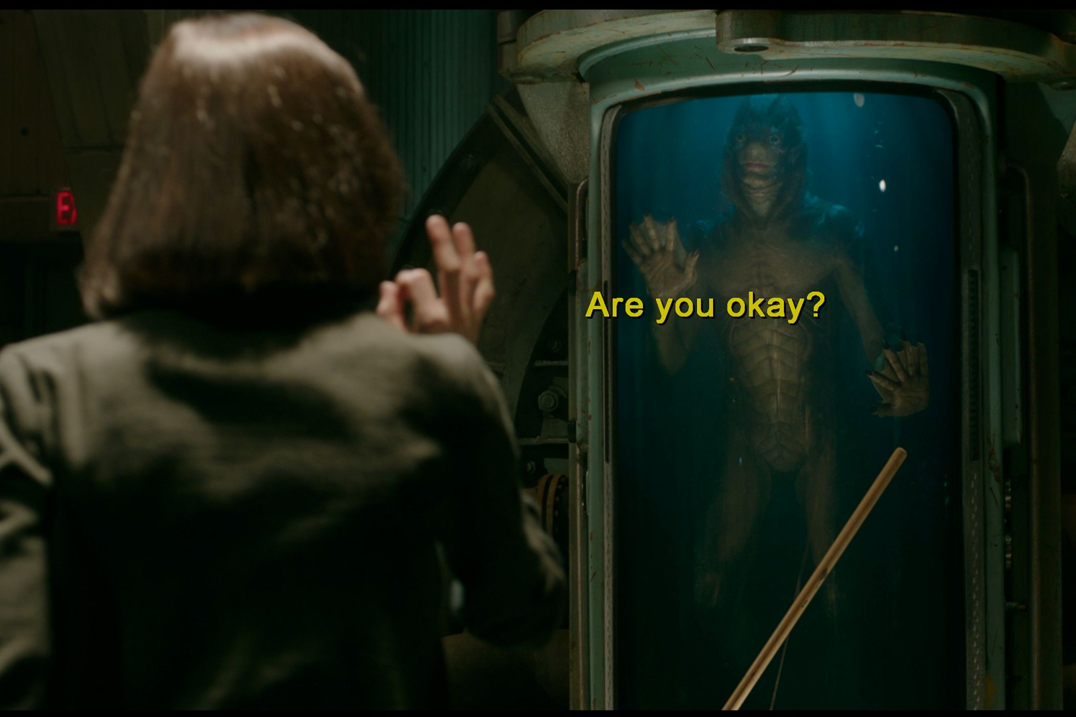 A screengrab from The Shape of Water with PGS subtitles in the middle of the screen.