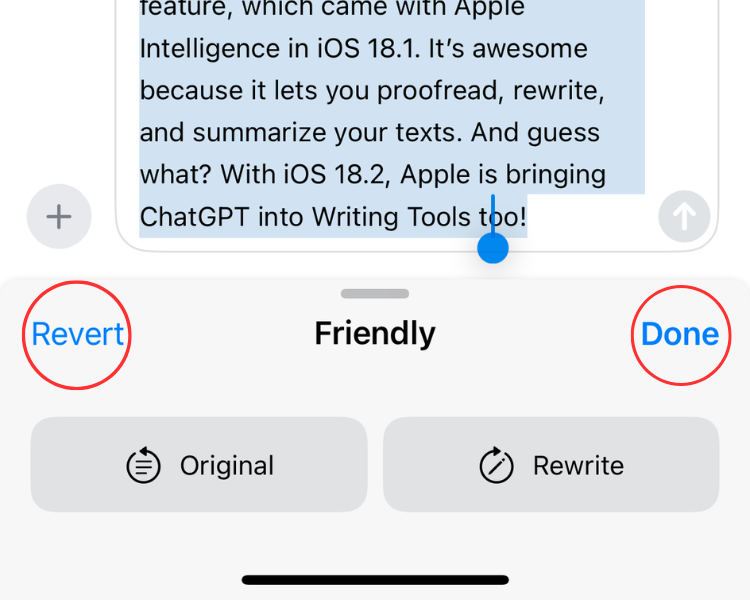Screenshot of the Rewrite Writing Tools feature highlighting the revert and done buttons.
