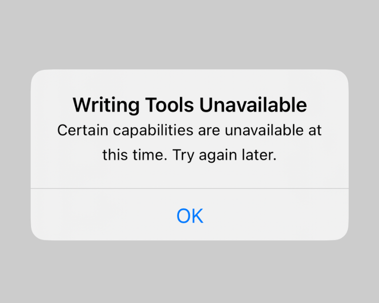 Screenshot of the Writing Tools Summary error when trying to organize text as table. 