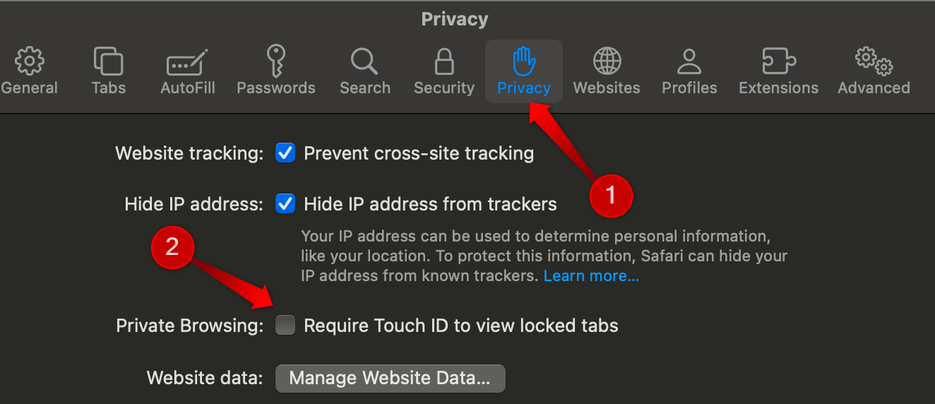 Disabling private browsing lock in Safari settings.