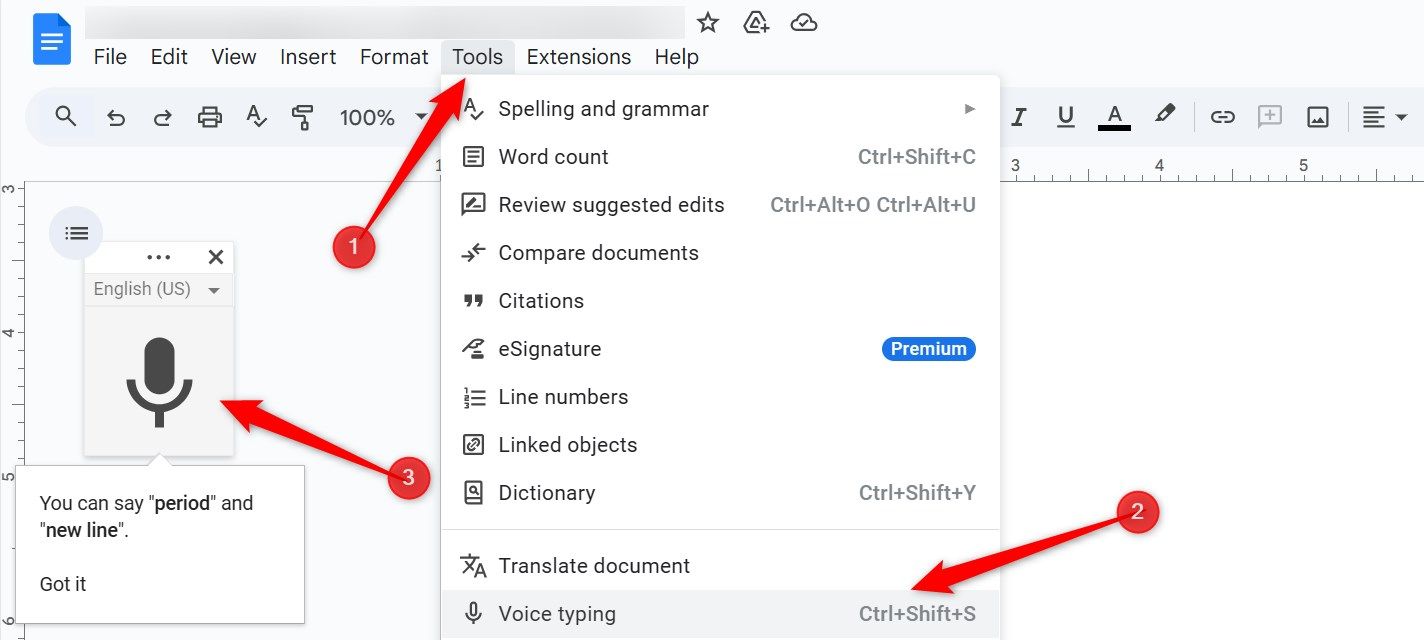 Turning on voice typing in Google Docs.