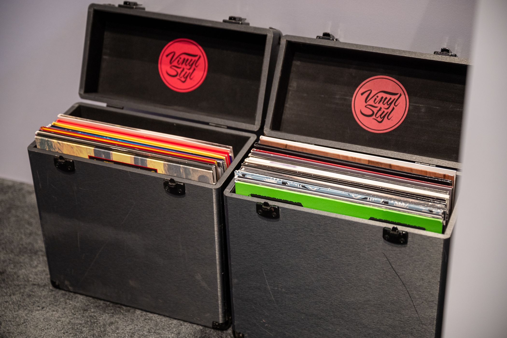 Vinyl records sitting in a container at CES 2024.