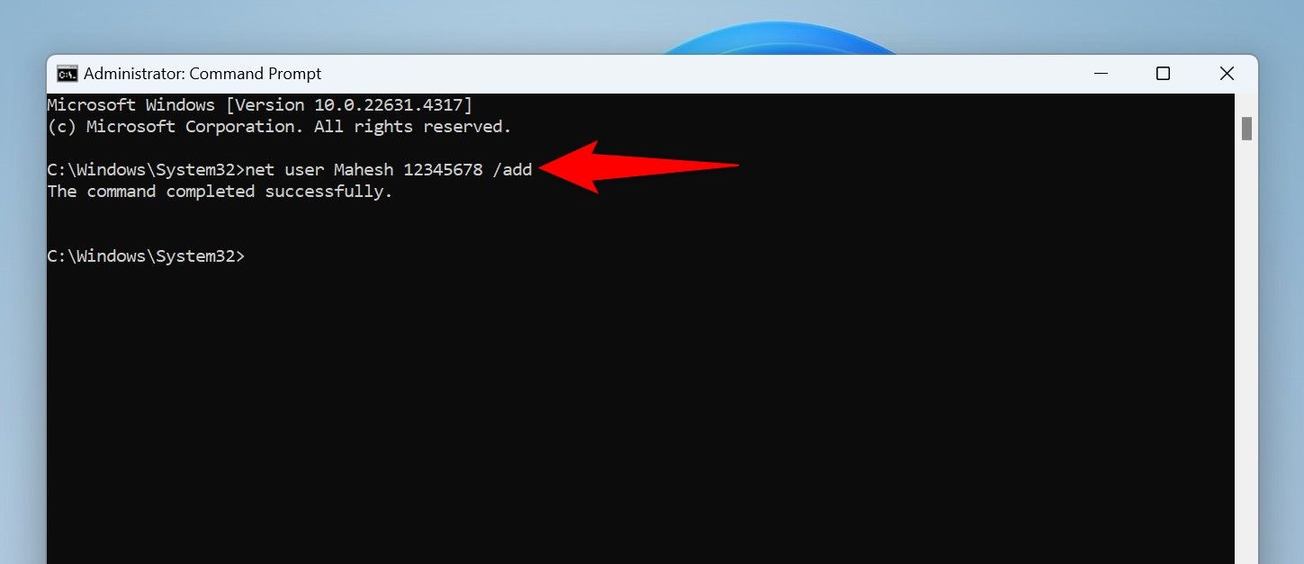 The command to add a new user typed in Command Prompt.