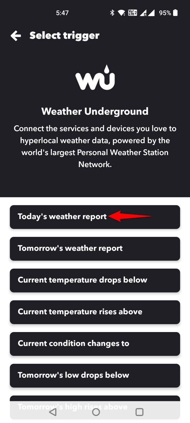 "Today's Weather Report" highlighted in IFTTT.