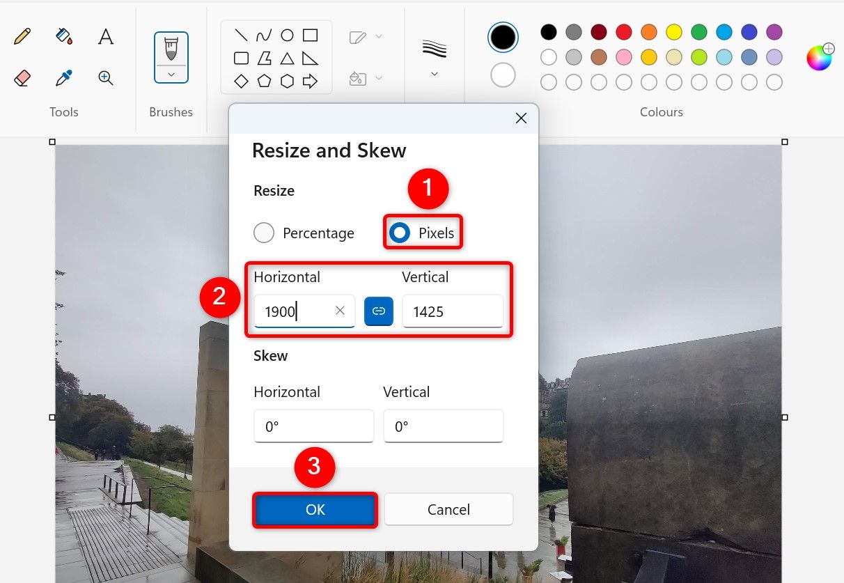 The "Resize and Skew" window in Paint.