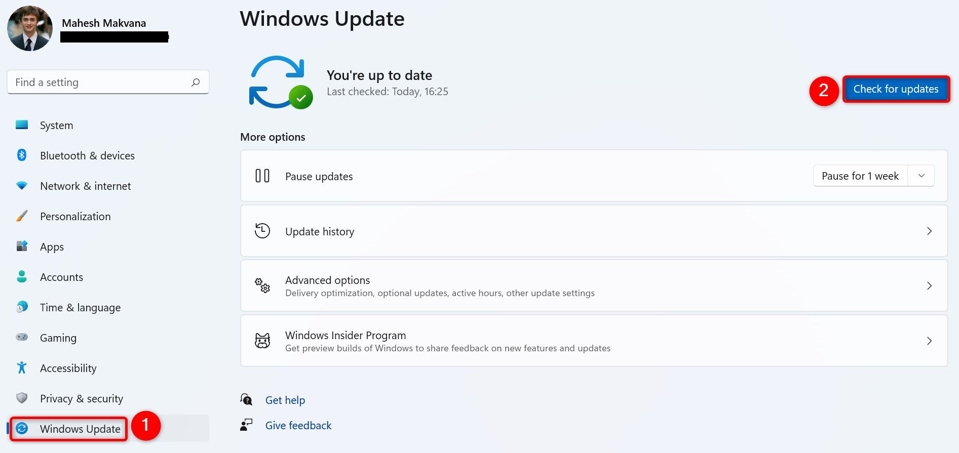 "Windows Update" and "Check for Updates" highlighted in Settings.