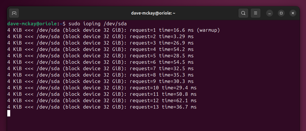 Measuring hard drive response latency with ioping.