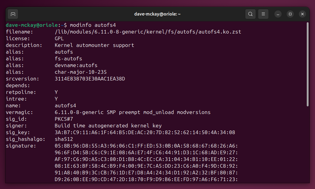 Using modinfo to examine the details of a single kernel module.