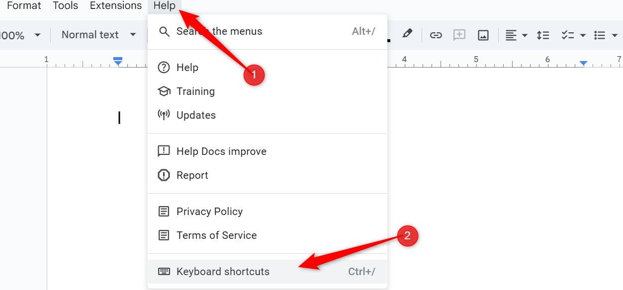 Checking Keyboard Shortcuts in Google Docs.