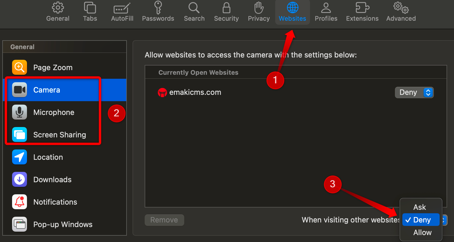 Disabling camera permissions in the Safari settings.