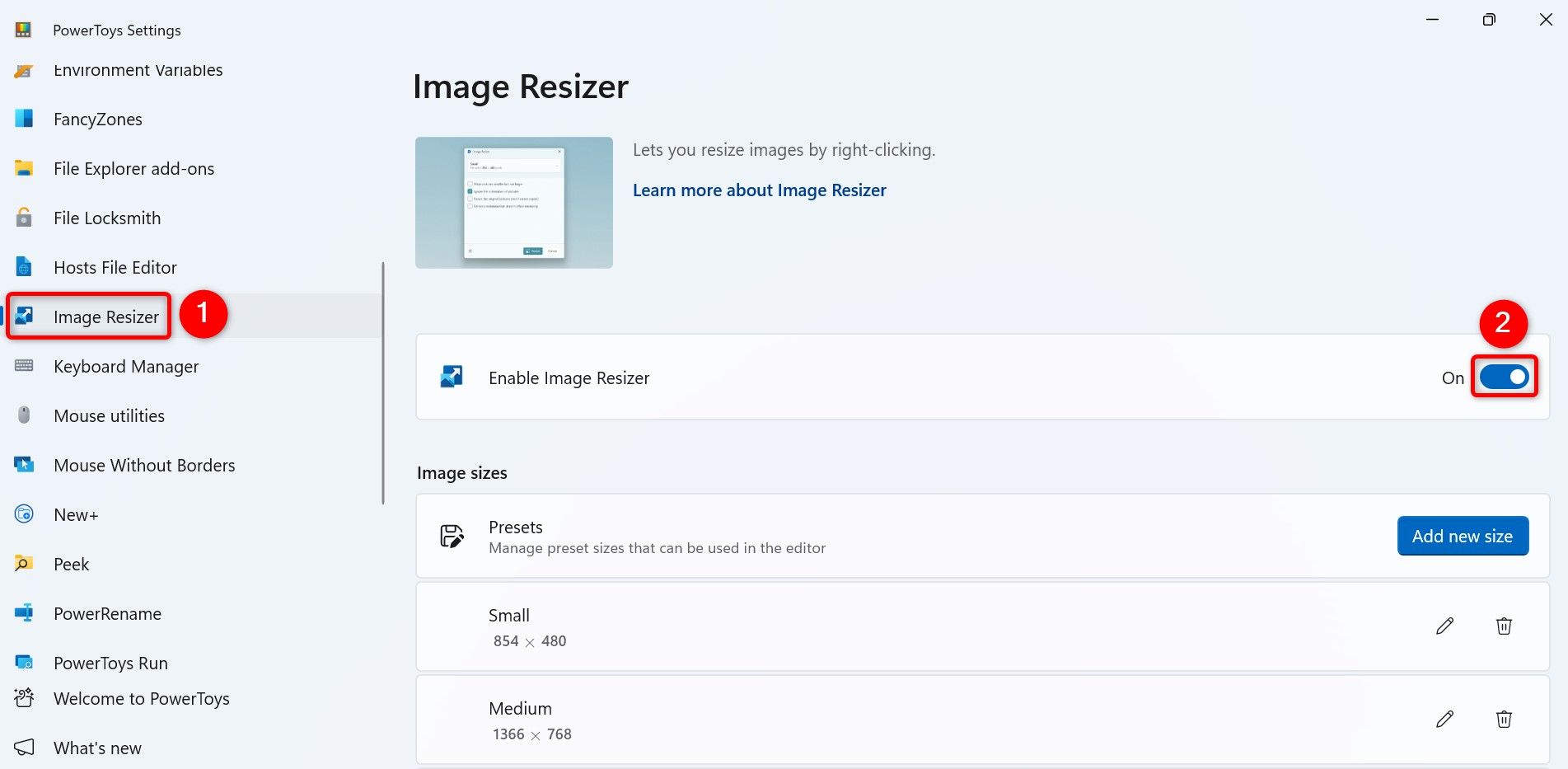 "Image Resizer" and "Enable Image Resizer" highlighted in PowerToys.