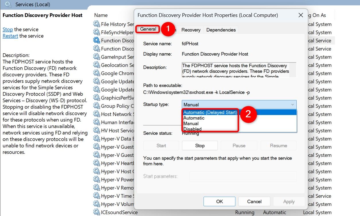 The "Function Discovery Provider Host" service properties on the Services window.