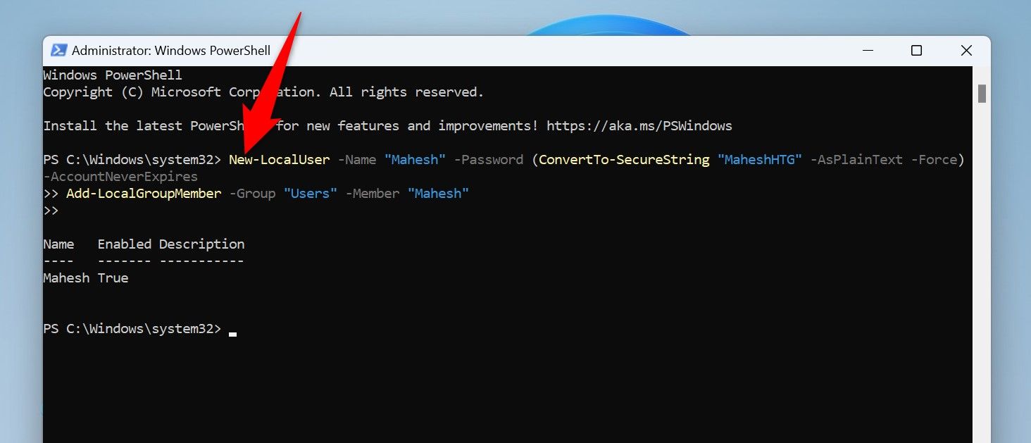 The cmdlet to create a new account typed in PowerShell.