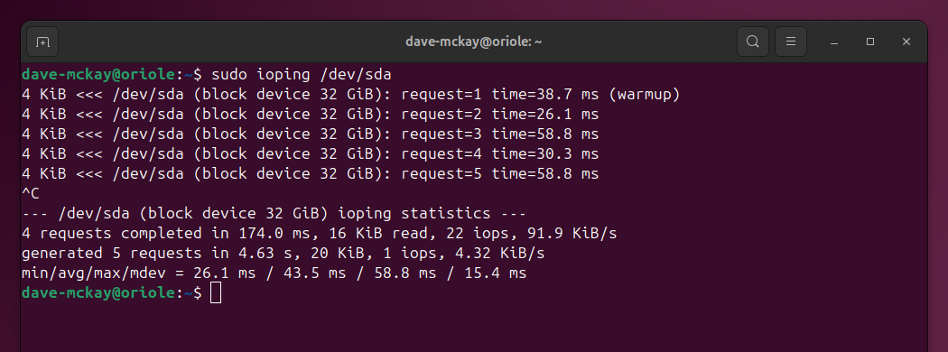 Stopping ioping with Ctrl+C causes it to show a summary before terminating.