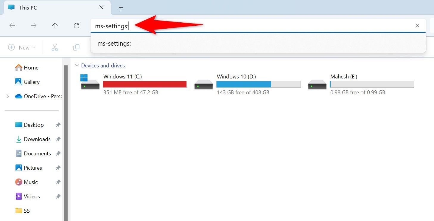 "мс-настройки:" набранный в адресной строке проводника.