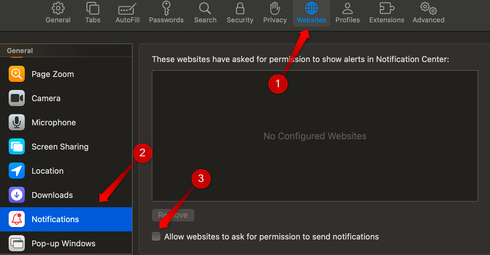 Blocking websites from asking to send notifications in Safari settings.