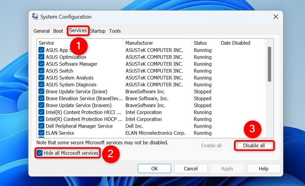 "Services," "Hide All Microsoft Services," and "Disable All" highlighted in System Configuration.