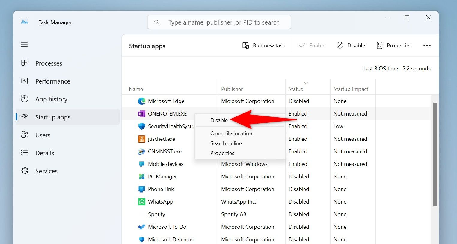 "Disable" highlighted for a startup app in Task Manager.