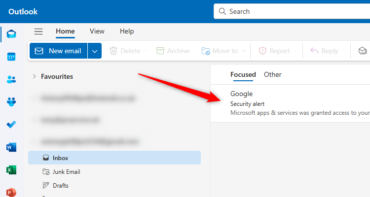 A Google security email in the new Outlook.