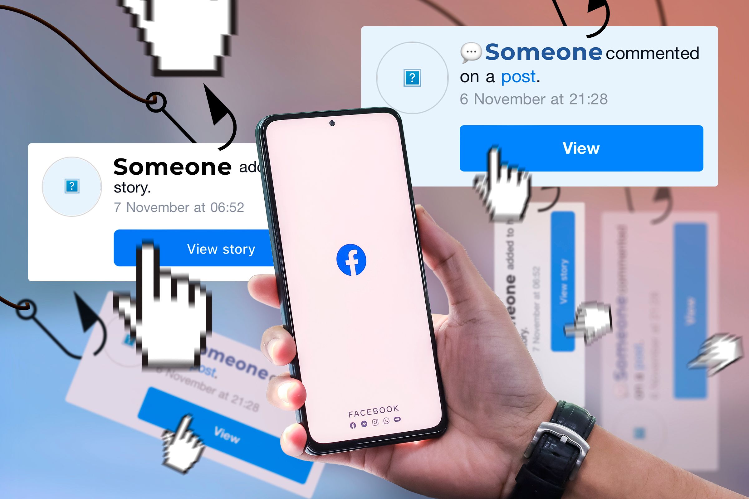 A hand holding a phone with the Facebook logo and some clickbaits beside it.