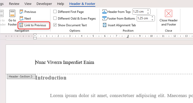 A header in Microsoft Word, with Link To Previous deselected.