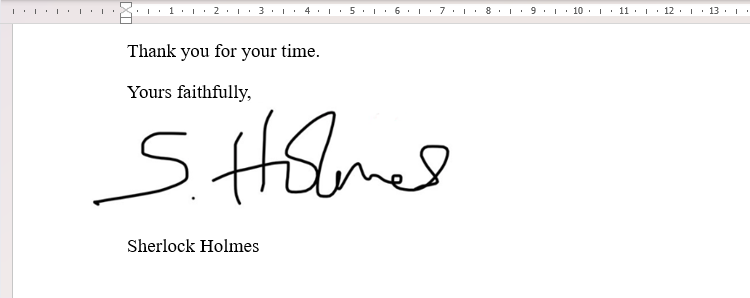 A letter in Microsoft Word containing a signature.