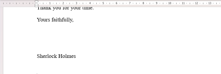 A letter in Microsoft Word containing a space before the writer's name where the signature will go.