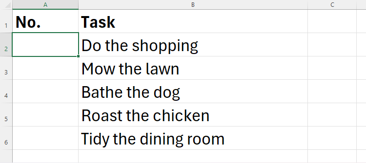 A list of tasks in column B in Excel, with column A left blank for automatic numbering to be added.