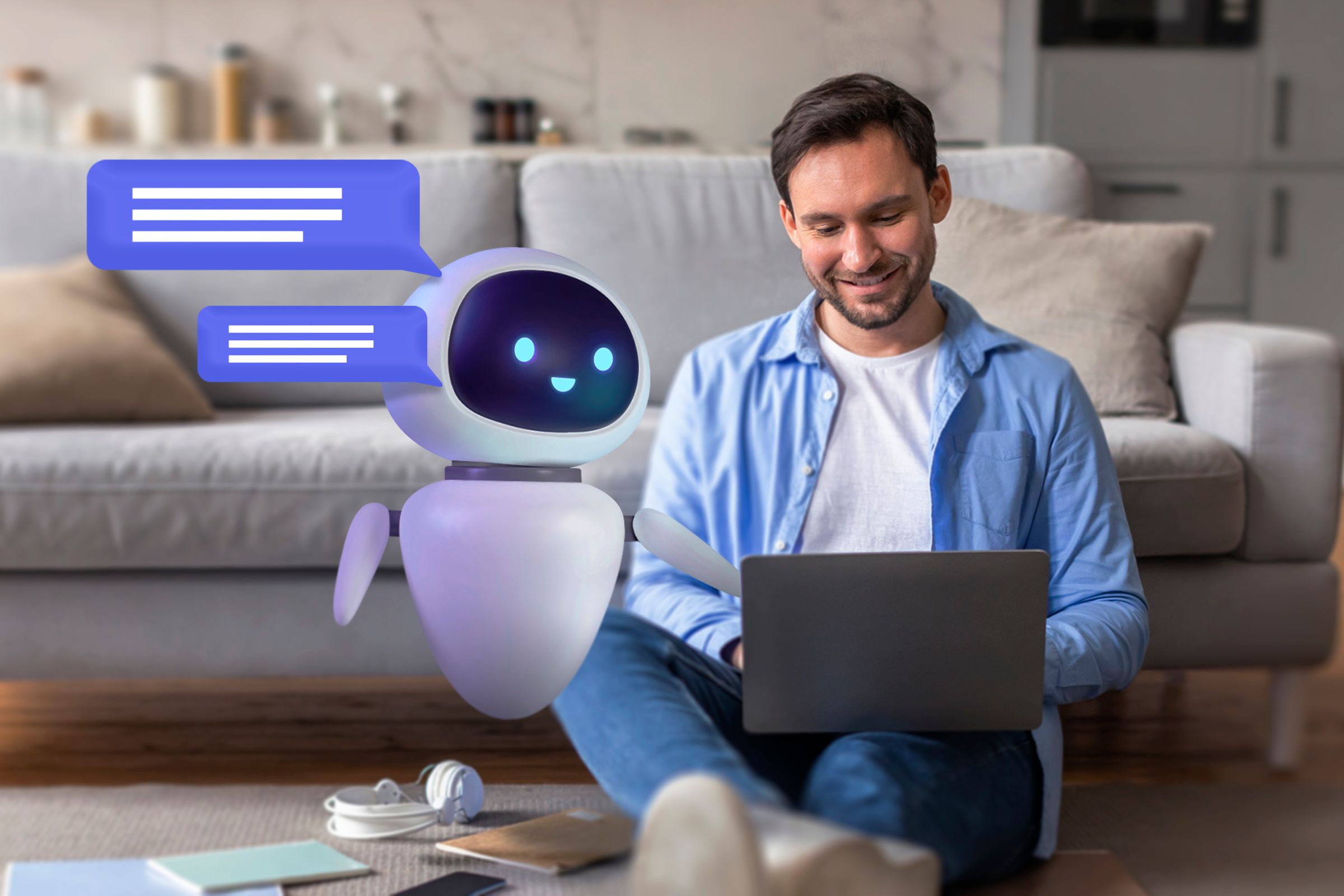 A man sitting on the living room floor using his laptop, with a chatbot next to him.