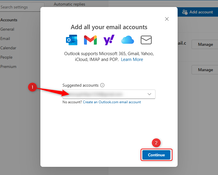 A new email address is typed into the field box in the new Outlook, and the Continue button is selected.