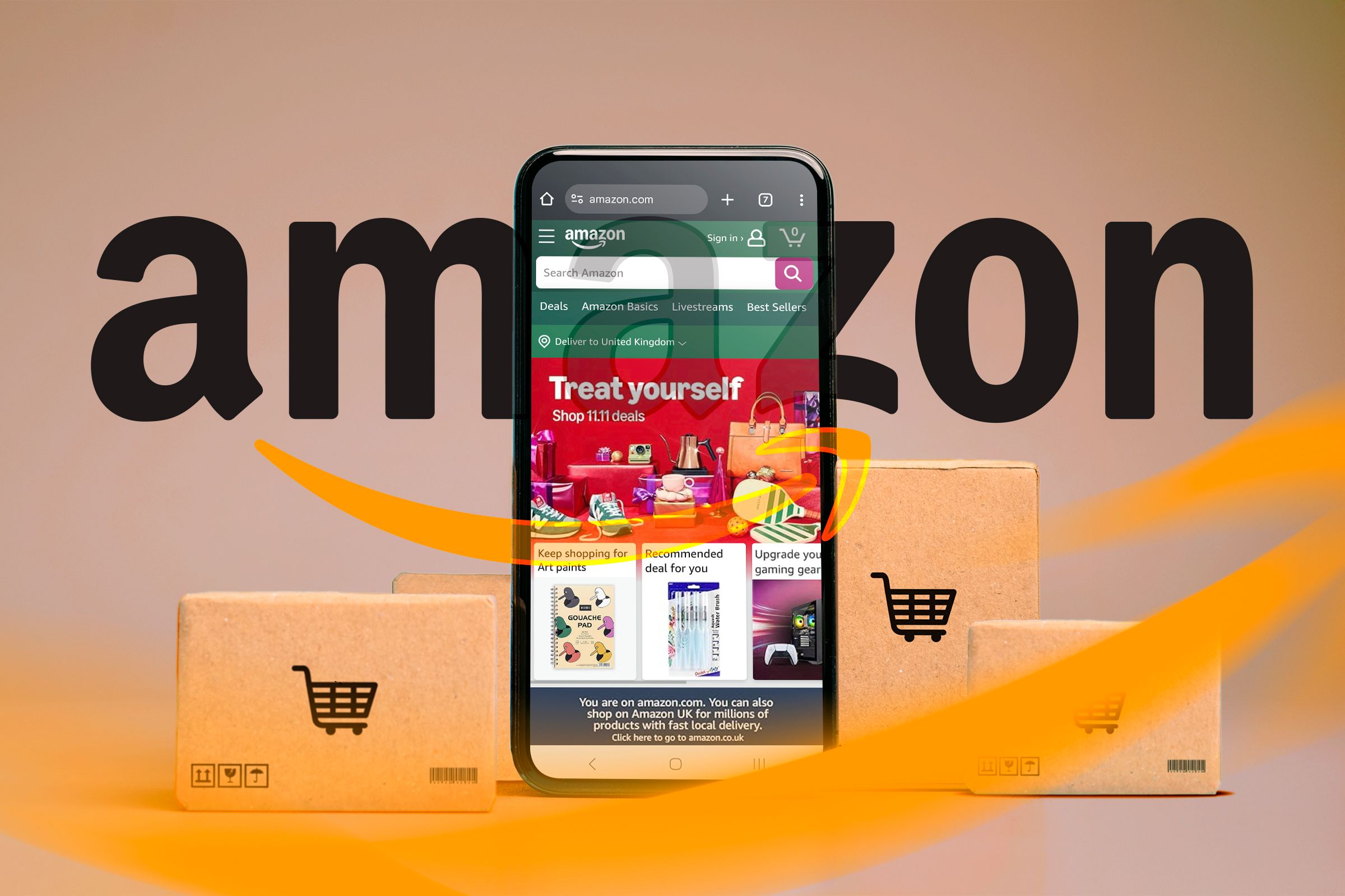 A phone on the Amazon website, some cardboard boxes beside it and the Amazon logo in the background.